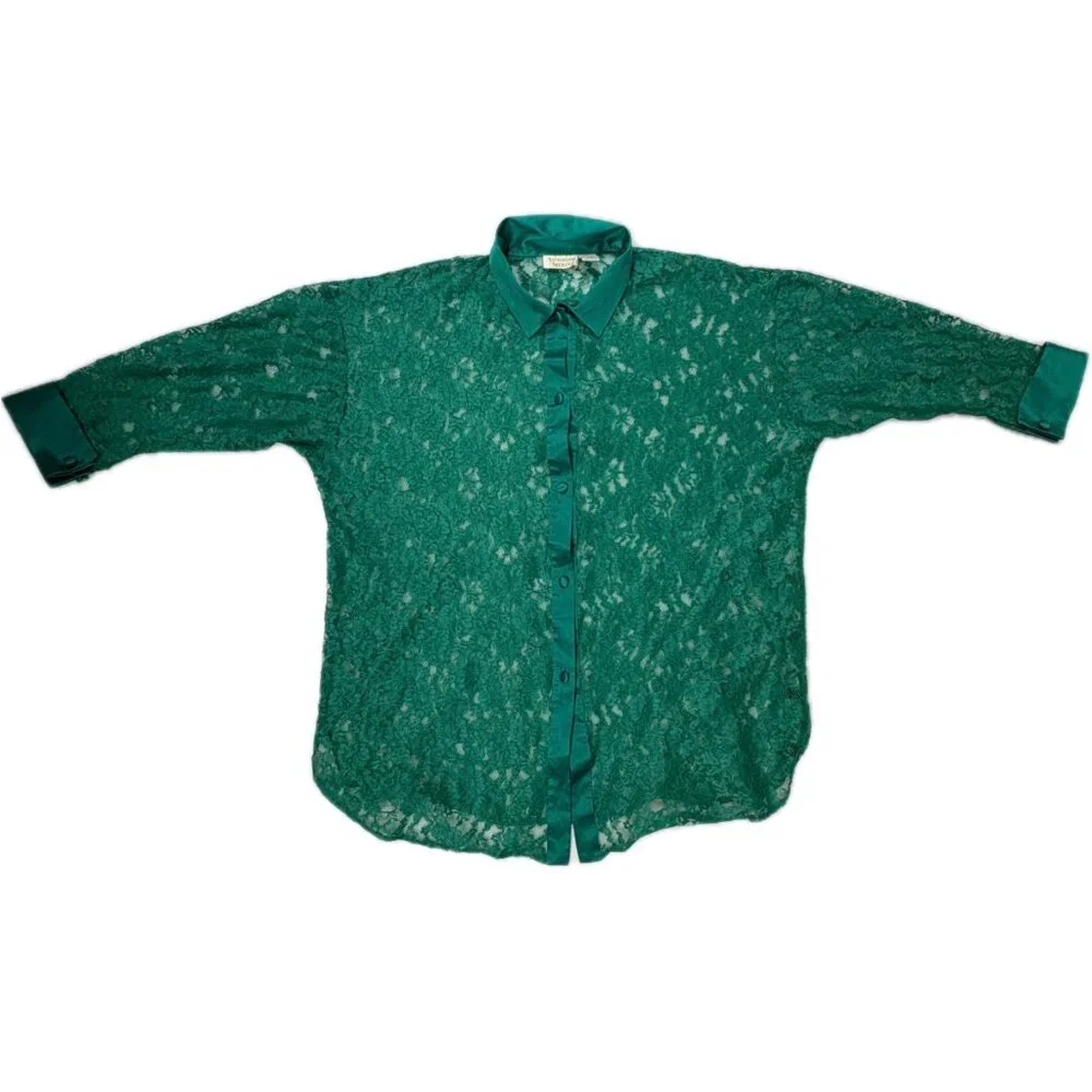 VICTORIA'S SECRET | Vtg GOLD Label Sheer Green Lace Sleep Shirt 80s 90s Sz M/L - Picture 4 of 16